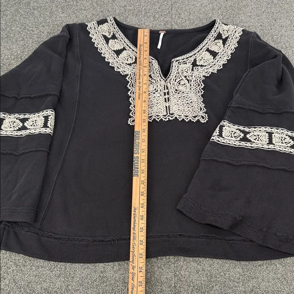 Free People Top Wm Medium Santa Maria Pullover Black Antique Terry Bell Sleeves